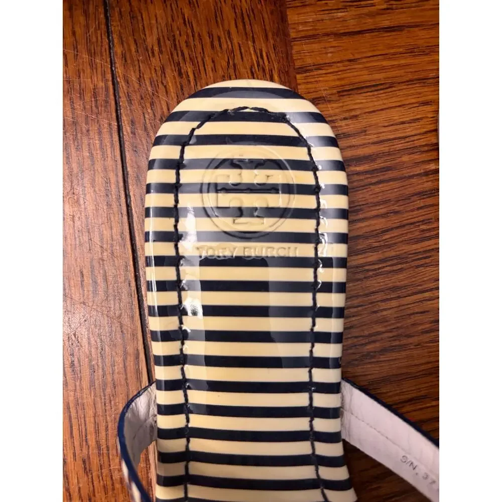 Tory Burch Miller Sandals Size 6 Navy Nautical Striped Patent Leather Thong